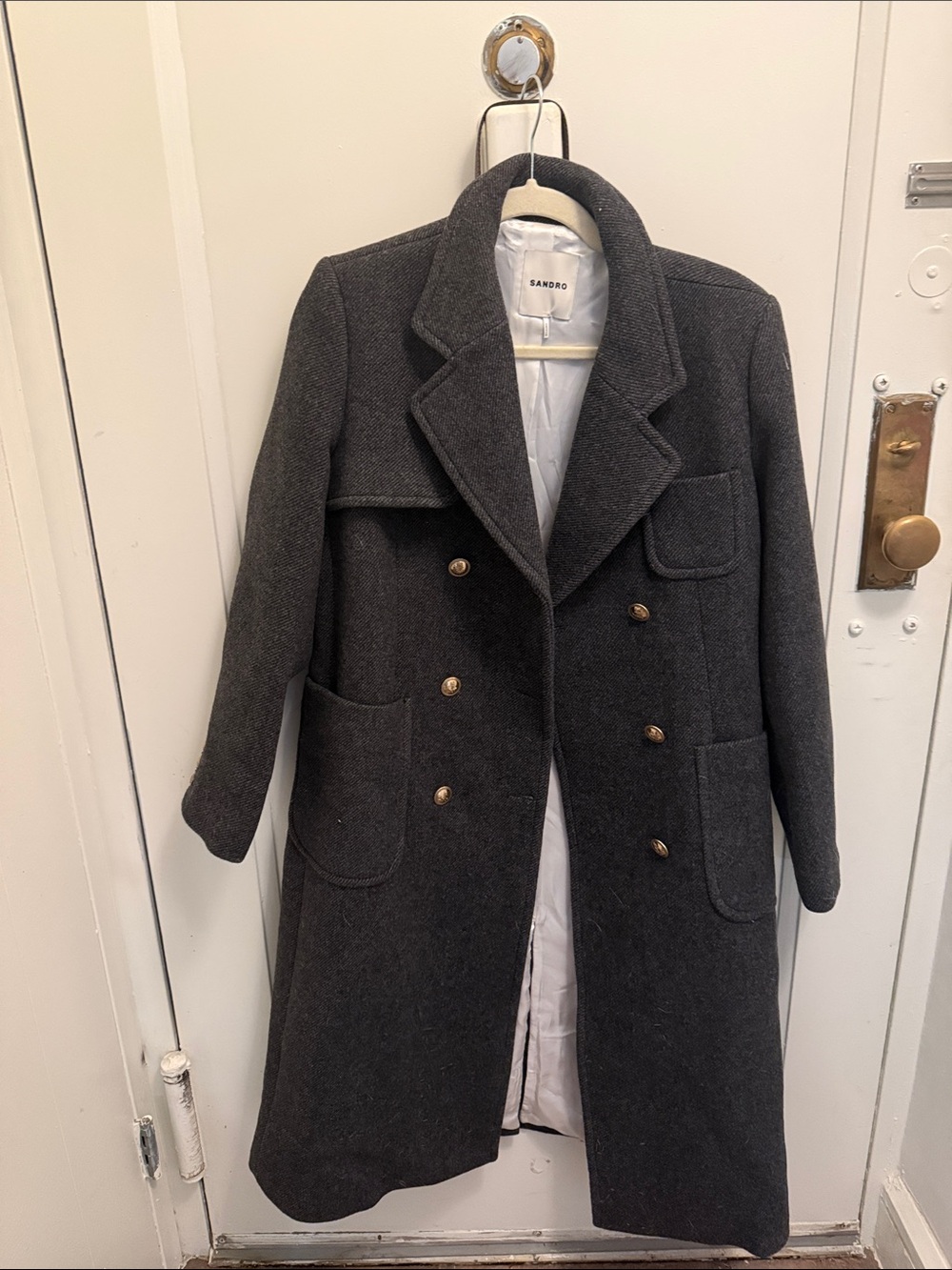 Sandro Double-Breasted Pea Coat in Charcoal Gray with Gold Buttons